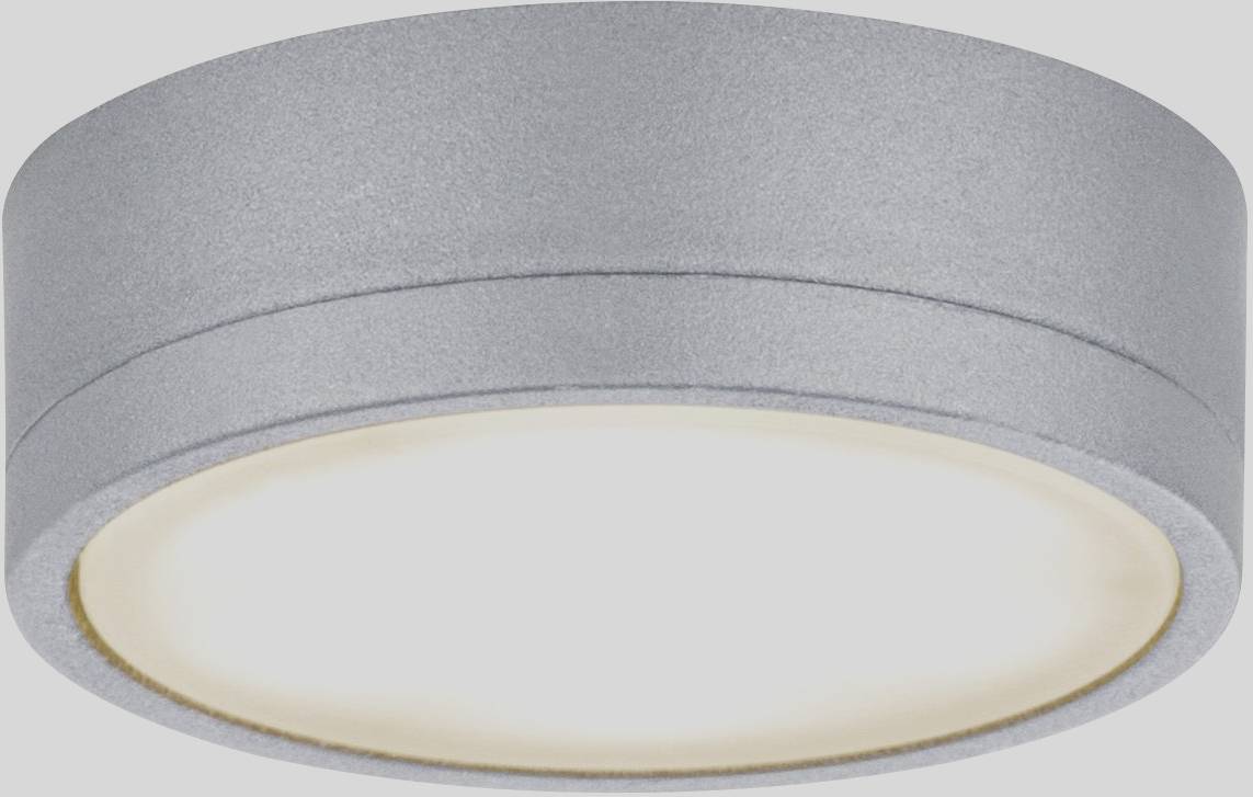 Silberne, runde Deckenleuchte mit weich leuchtendem Licht. Ideal für moderne Innenräume.