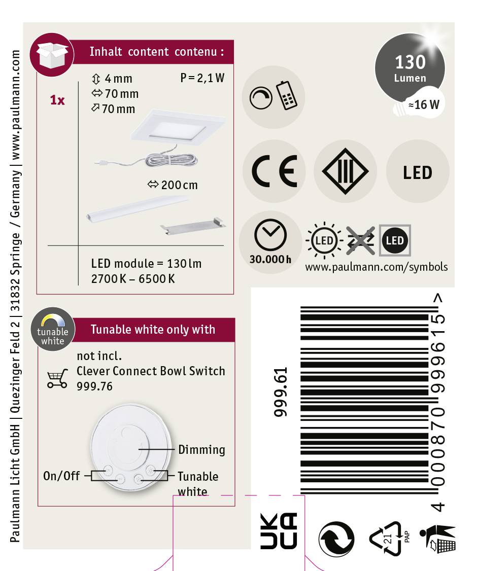 'LED-Modul mit 130 Lumen, 2700K – 6500K. Dimmbar, tunable white. Enthält Schalter, Länge 200 cm. Paulmann Licht GmbH, made in Germany.'