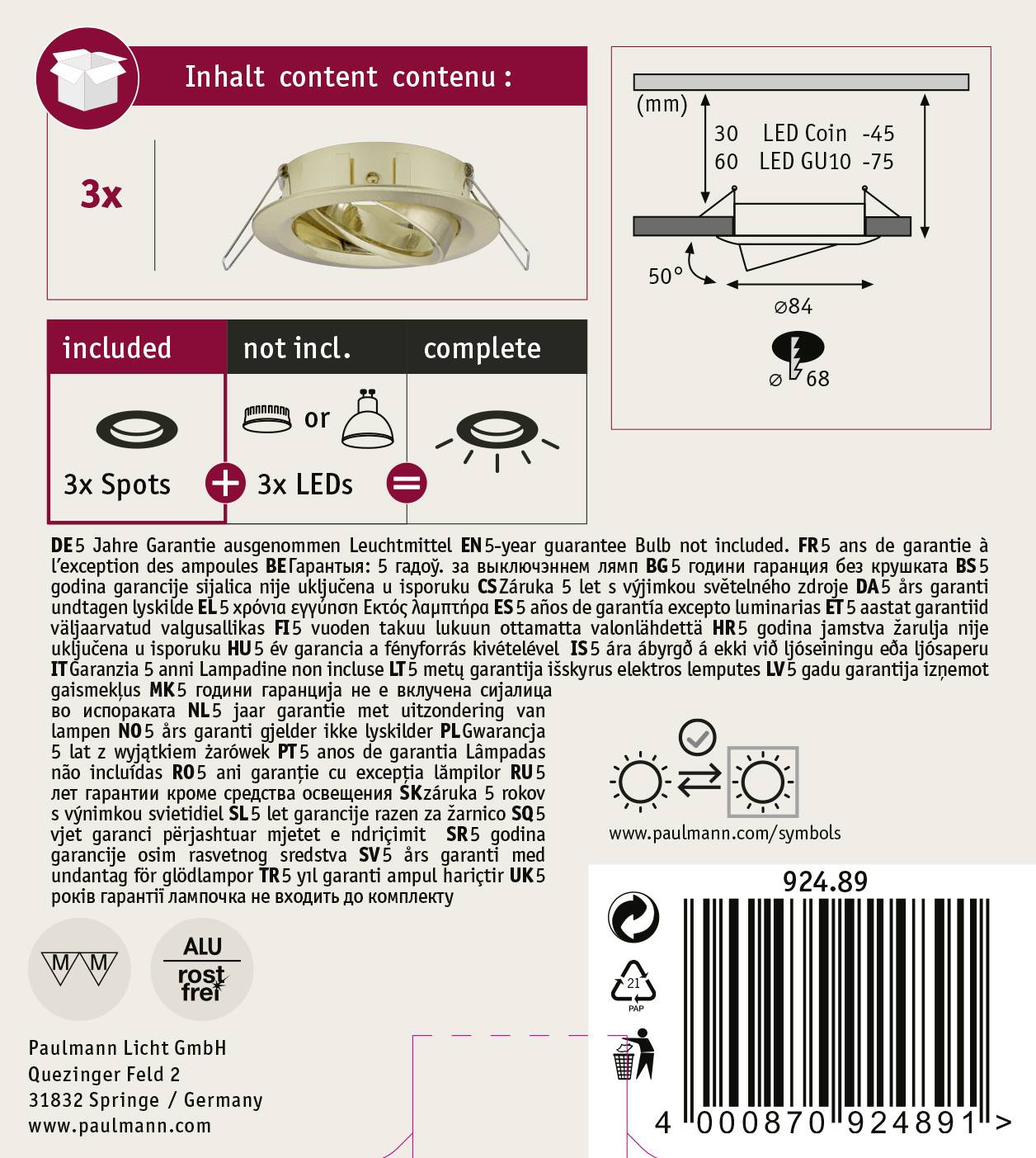 'LED Deckenleuchte Set:', enthält 3 Spots, 3 LEDs, inklusiv und komplett, Durchmesser: 80mm, LED GU10, IP20, 5 Jahre Garantie.