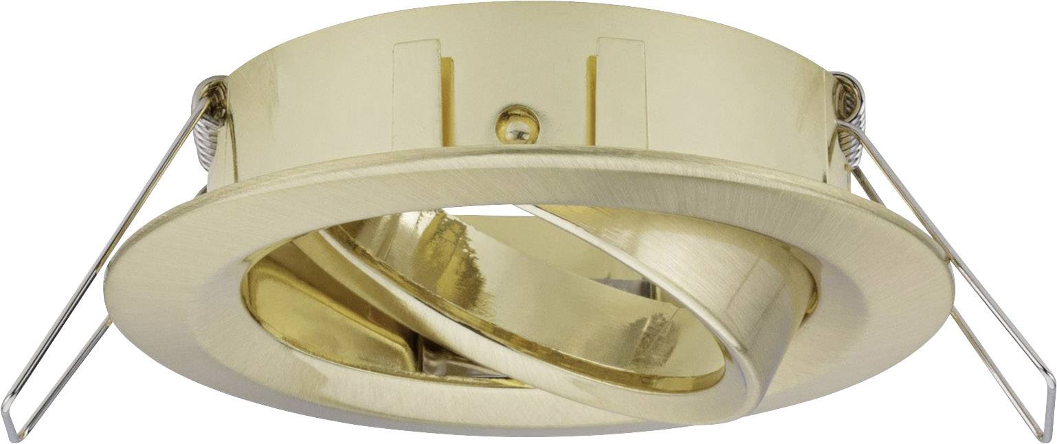 Deckeneinbauleuchte in moderner, runder Form mit schwenkbarem Innenring aus gebürstetem Metall, geeignet für Innenbeleuchtung.