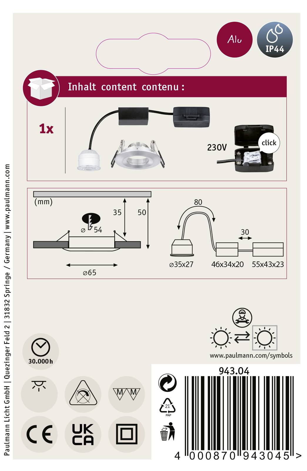 Verpackung einer LED-Leuchte mit technischen Diagrammen, Abmessungen, Symbolen für Energieeffizienz, Schutzart IP44 und Montageanleitung.