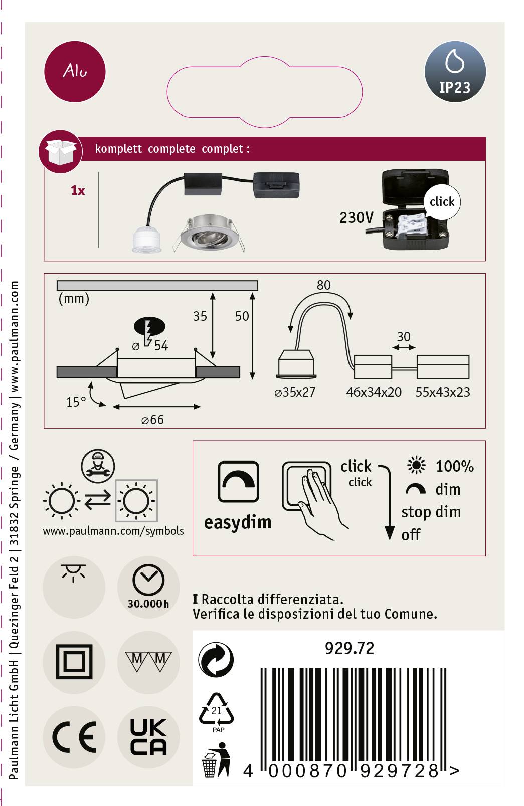 'Einbaulampe mit EasyDim-Funktion, 230V, IP23, Alurahmen, Maße: 85x27mm. Inklusive Energieeffizienz, Symbole und Installationshinweise.'