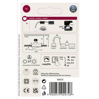 'Einbaulampe mit EasyDim-Funktion, 230V, IP23, Alurahmen, Maße: 85x27mm. Inklusive Energieeffizienz, Symbole und Installationshinweise.'