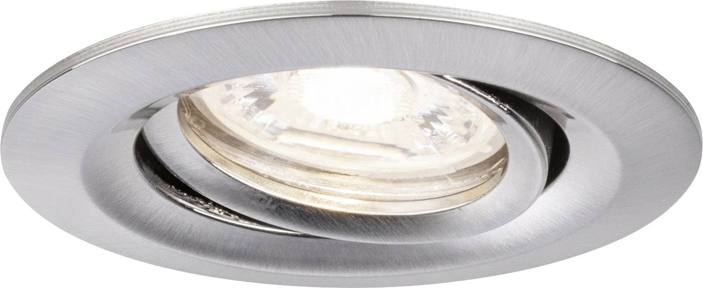 Einbauleuchte mit rundem, silbernem Rahmen, die nach unten gerichtetes Licht abgibt. Ideal für dezente Deckenbeleuchtung.