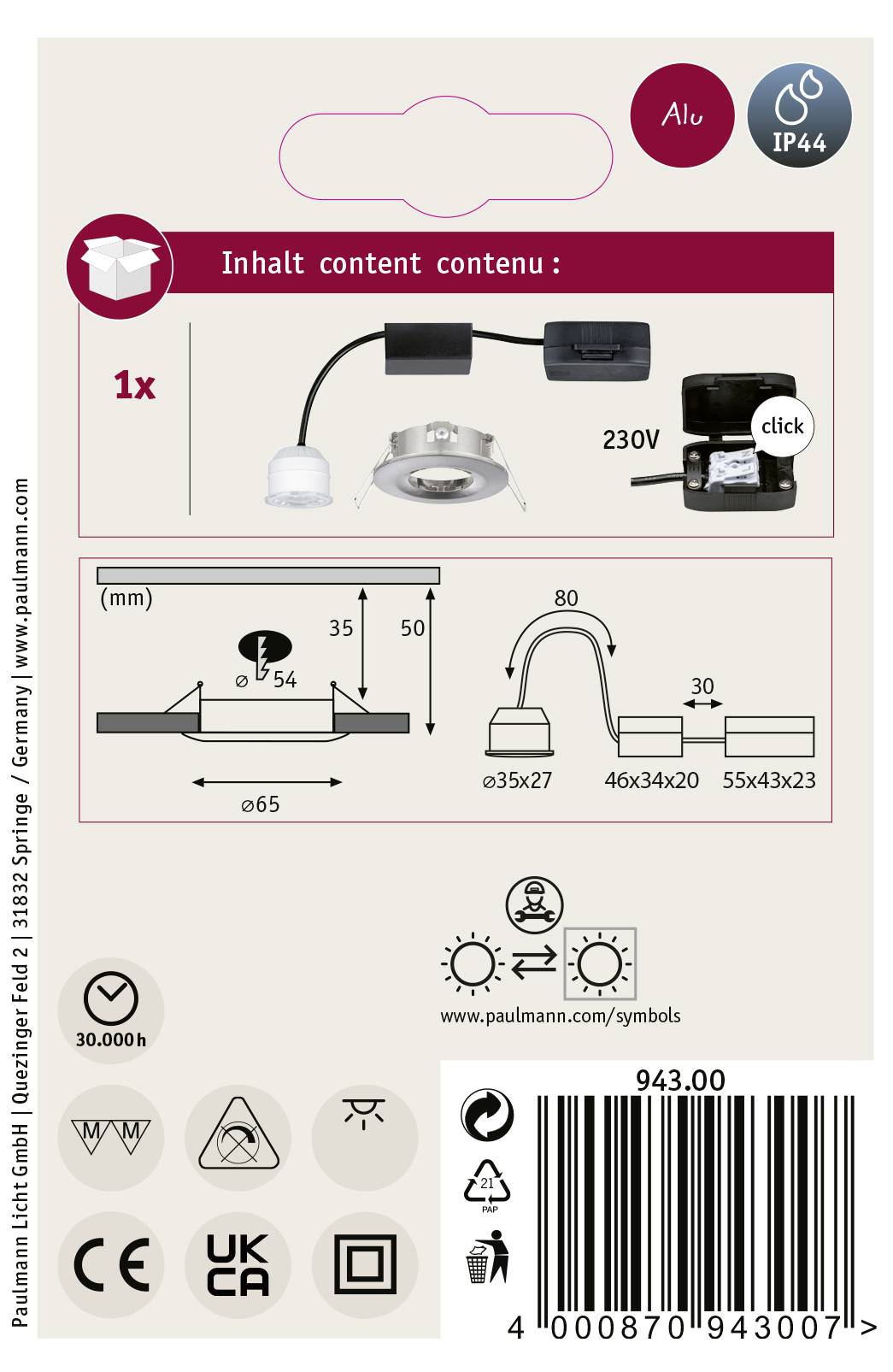 Produktverpackung für eine LED-Einbauleuchte: zeigt Installationsdiagramm, technische Symbole, Maße (65mm Durchmesser Deckenausschnitt), Inhalt (1x Leuchte). Geeignet für IP44-Umgebungen.
