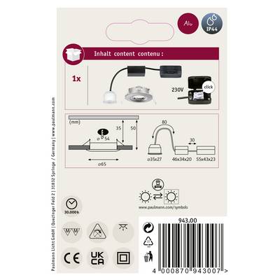 Produktverpackung für eine LED-Einbauleuchte: zeigt Installationsdiagramm, technische Symbole, Maße (65mm Durchmesser Deckenausschnitt), Inhalt (1x Leuchte). Geeignet für IP44-Umgebungen.
