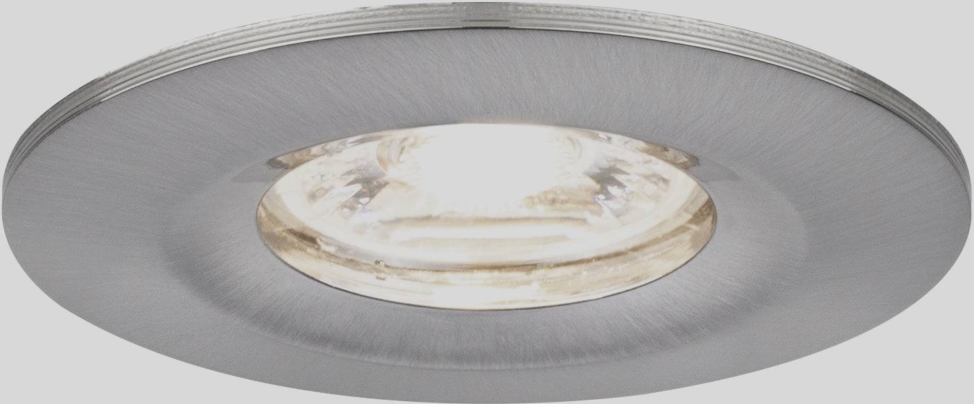 Einbauleuchte mit rundem Metallrahmen und sichtbarer Glühbirne, strahlt Licht nach unten ab. Modernes, minimalistisches Design.