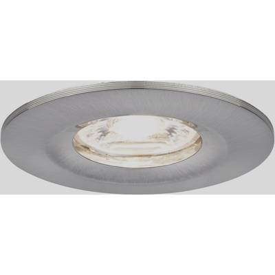 Einbauleuchte mit rundem Metallrahmen und sichtbarer Glühbirne, strahlt Licht nach unten ab. Modernes, minimalistisches Design.