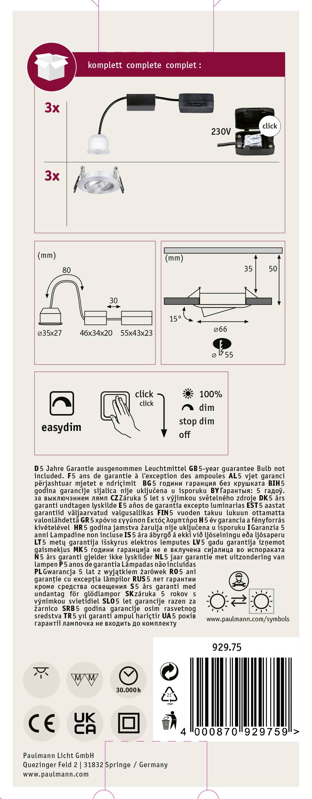 'GS' Leuchtenverpackung zeigt das Produkt mit Anleitung zur Installation. Enthält Schaltplan, 'easydim'-Funktion und technische Details.