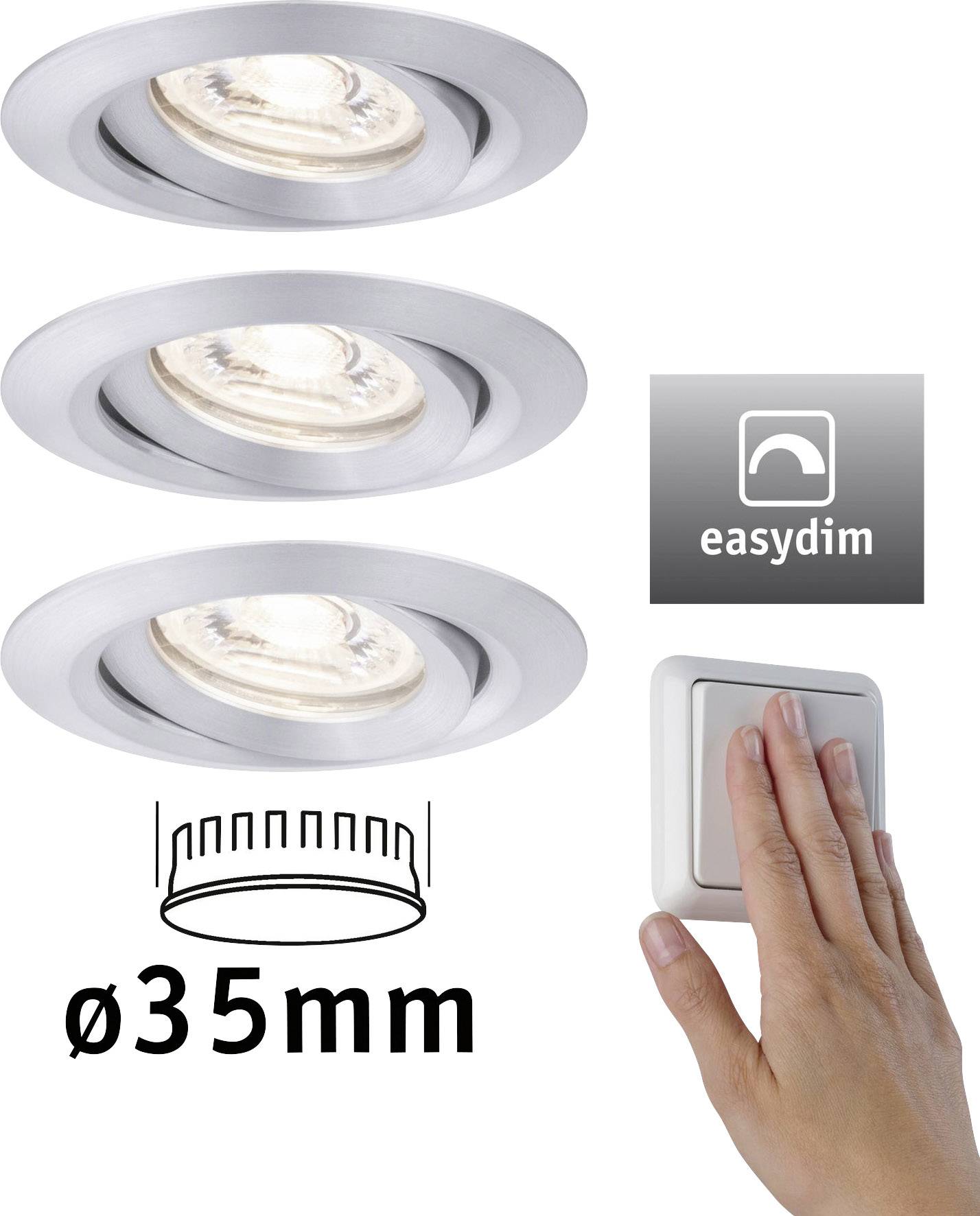 Drei runde Einbauleuchten, "easydim"-Logo, Hand drückt Lichtschalter. Text: 'Ø 35mm'.