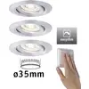 Drei runde Einbauleuchten, "easydim"-Logo, Hand drückt Lichtschalter. Text: 'Ø 35mm'.