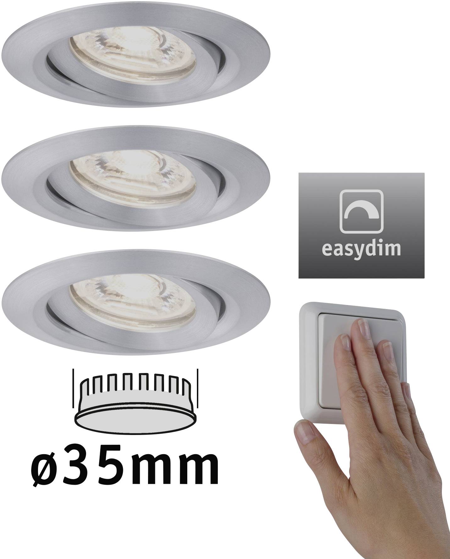 'Drei silberne LED-Einbaustrahler in einer Reihe mit Ø35mm. Rechts ein Dimmschalter mit einer Hand. Logo: easydim.'