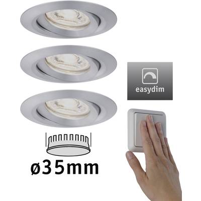 'Drei silberne LED-Einbaustrahler in einer Reihe mit Ø35mm. Rechts ein Dimmschalter mit einer Hand. Logo: easydim.'