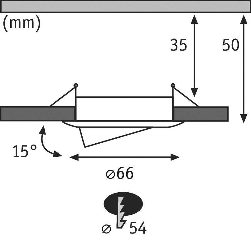 Diagramm zeigt die Maße einer Deckeneinbauleuchte: 35 mm minimaler, 50 mm maximaler Hohlraum, 66 mm Durchmesser, 54 mm Anschluss, 15° Neigung.