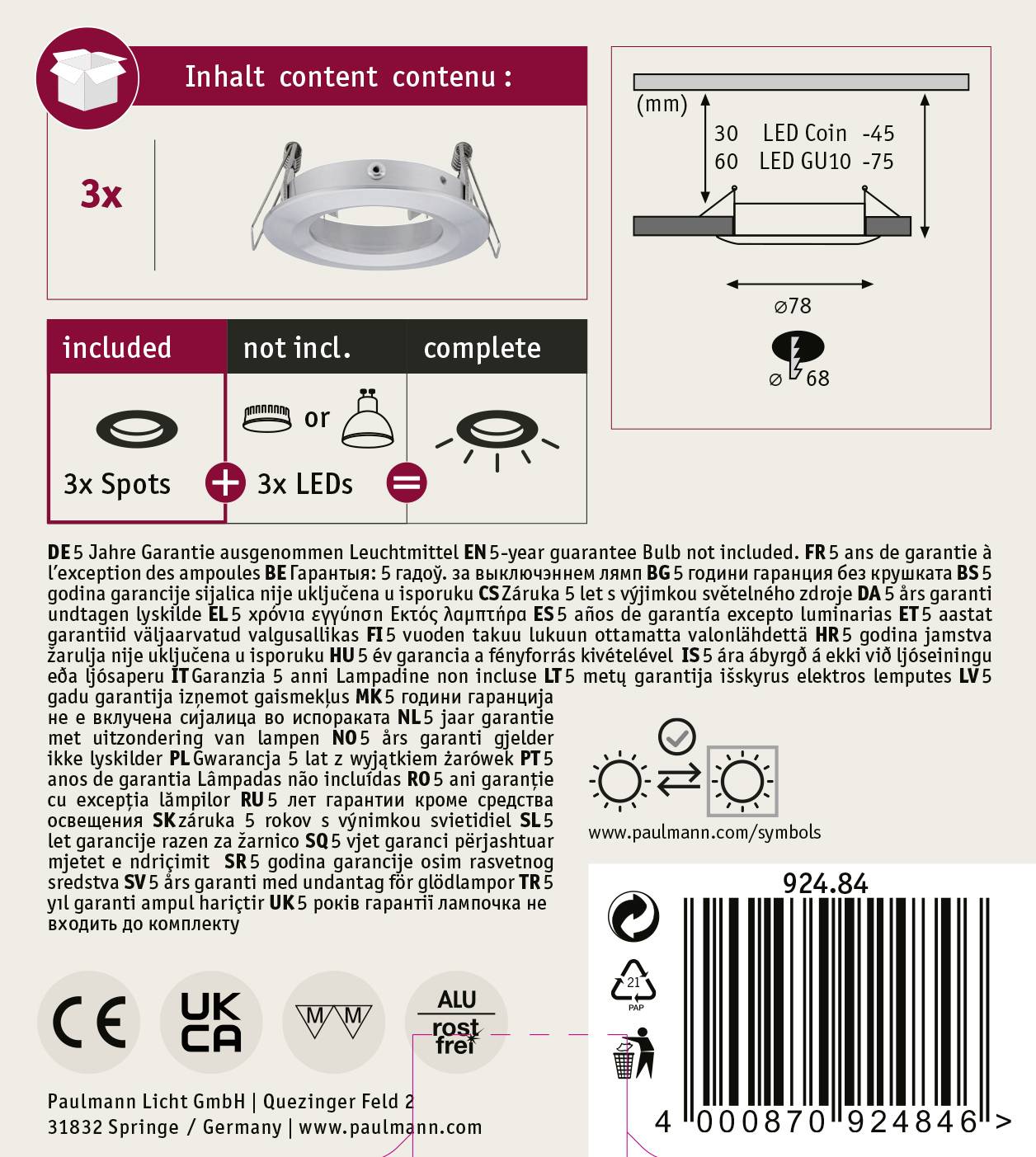 'LED Einbauleuchte, warmweiß, 3 Spots inklusive'. Enthält technische Spezifikationen, Garantieinformationen und Herstellerangaben.