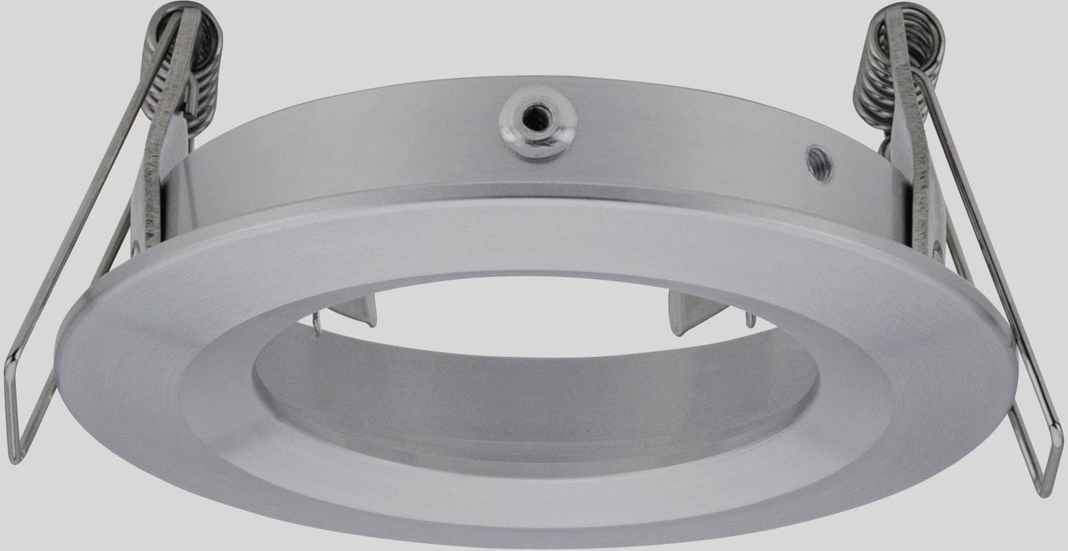 Ein silberner, runder LED-Einbaurahmen mit zwei Halteklammern, die zur Montage dienen.