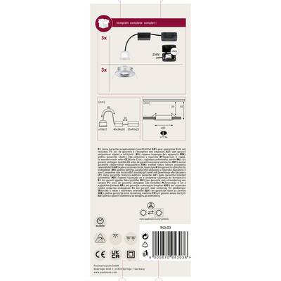 Verpackungsdesign für eine Leuchte mit E14-Fassung, zeigt Anschlussdiagramm und Maße: 46x50x105mm. Enthält Installations- und Sicherheitsanweisungen.