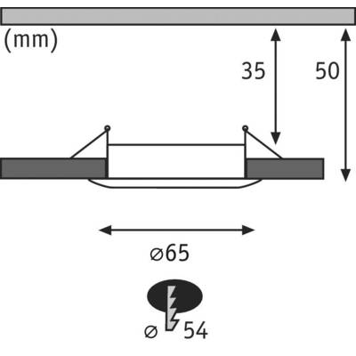 Diagramm zeigt Einbauleuchte mit Abmessungen: Durchmesser 65 mm, Einbautiefe 50 mm, Höhe über Oberfläche 35 mm, Lochbohrung 54 mm.