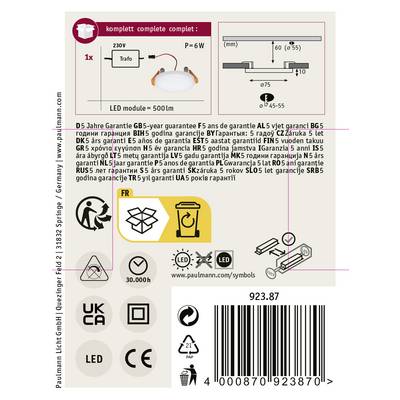 'Paulmann LED Leuchte' Produktbeschreibung mit Spezifikationen: 6W, 500lm. Mehrsprachige Garantieinfo. Made in Germany. Produktcode: 92387.