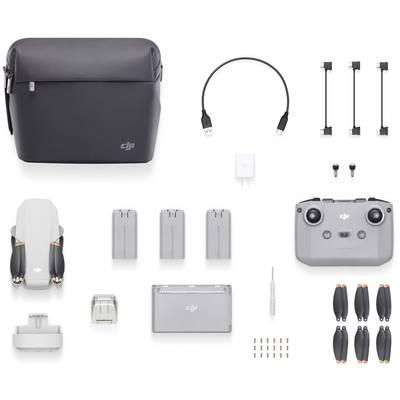 Die Abbildung zeigt das DJI Mini 2 Fly More Combo-Set mit Drohne, Fernsteuerung, drei Akkus, Ladestation, Tasche, Propellern und Zubehör.