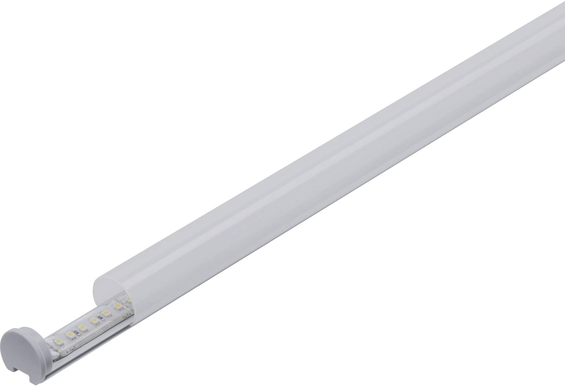 Eine lange LED-Lampe in zylindrischer Form, hauptsächlich weiß, mit sichtbaren Leuchtdioden an einem Ende.