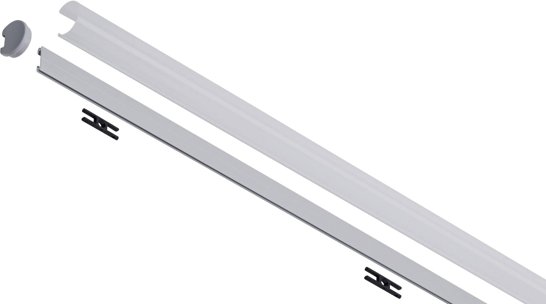 Zwei Aluminiumprofile mit Kunststoffabdeckungen zeigen Montagezubehör für LED-Beleuchtung. Zubehör beinhaltet Endkappen und Halterungen.