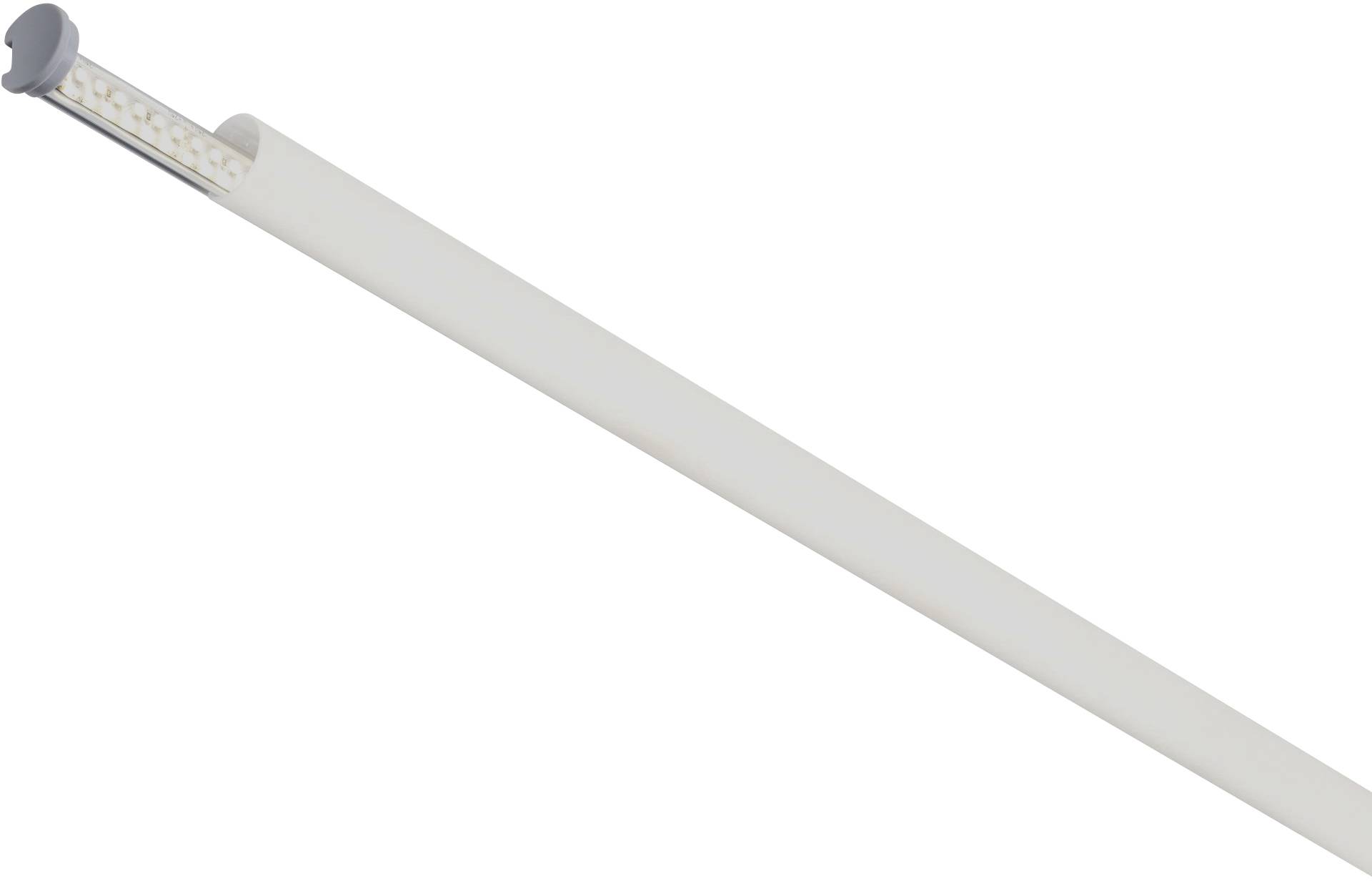 Weiße LED-Lichtleiste in schlankem, rechteckigem Design, leicht abgewinkelt. Ideal zur indirekten Beleuchtung oder Akzentuierung.