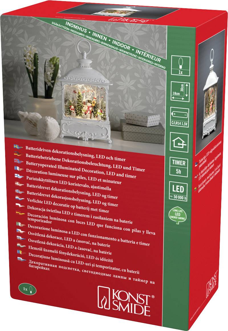 Laterne mit LED-Beleuchtung, Timer-Funktion und weihnachtlichem Design, geeignet für Innenräume. Verpackung zeigt Produktabbildung.