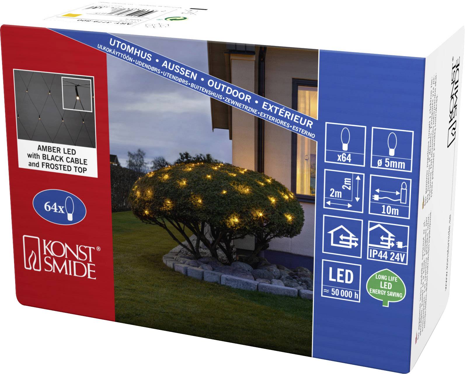 'Konstsmide LED-Lichterkette' Produktverpackung mit 64 bernsteinfarbenen Lichtern für den Außenbereich, betont Energieeinsparung und lange Lebensdauer.