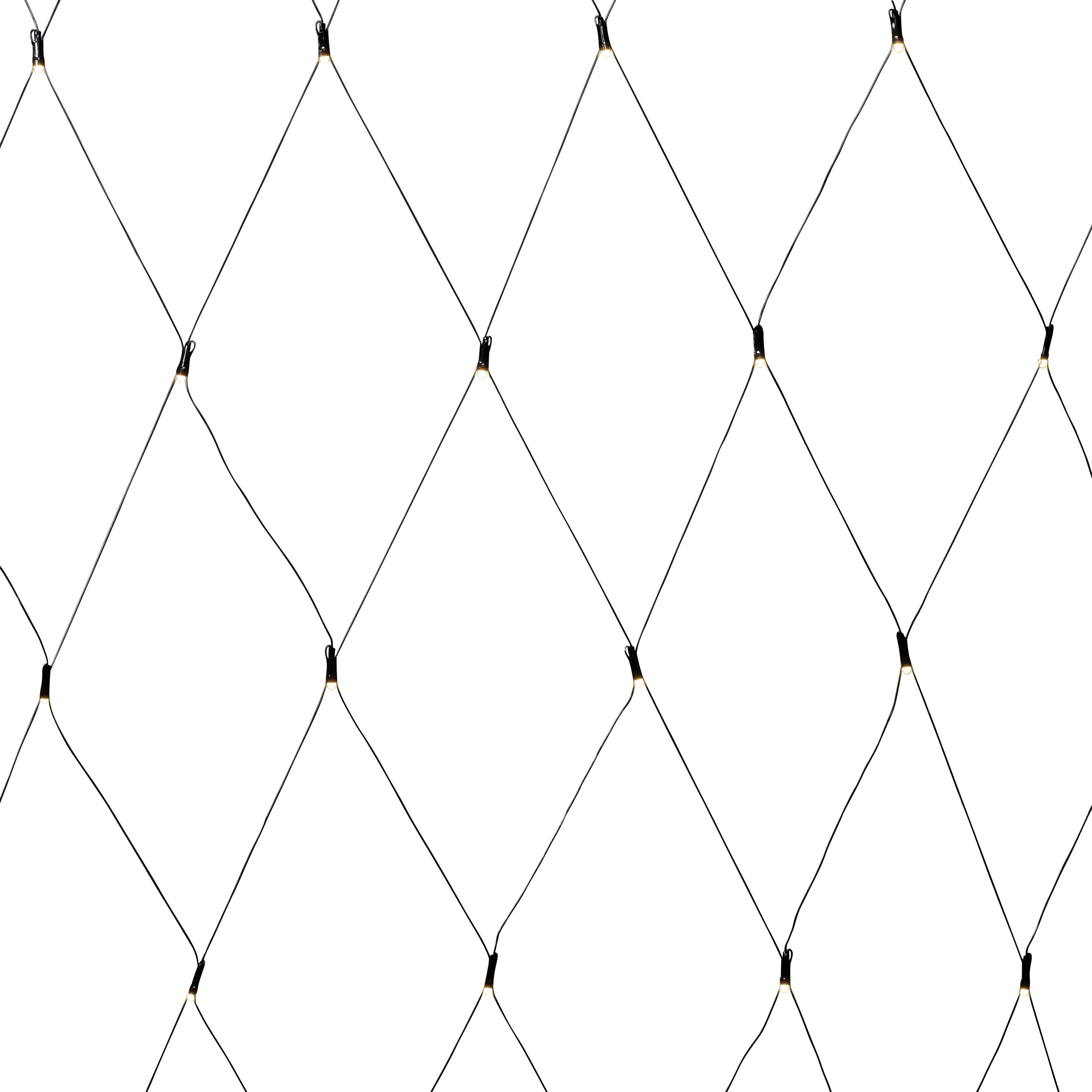 Ein engmaschiges Netz aus dünnen Drahtseilen, das diagonal verlaufend über den gesamten Rahmen gespannt ist.