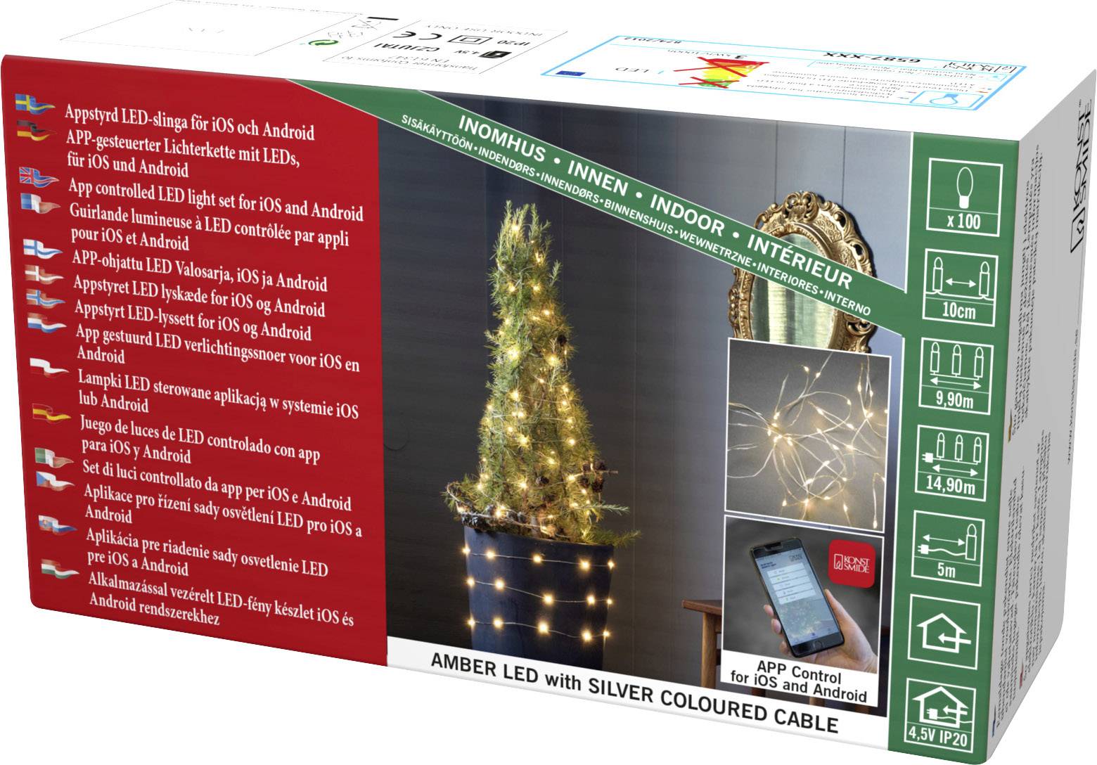 Lichterkette mit Bernstein-LEDs, geeignet für Innenräume. Steuerung per App auf iOS/Android. Länge 4,9 m, 100 LEDs, silbernes Kabel.