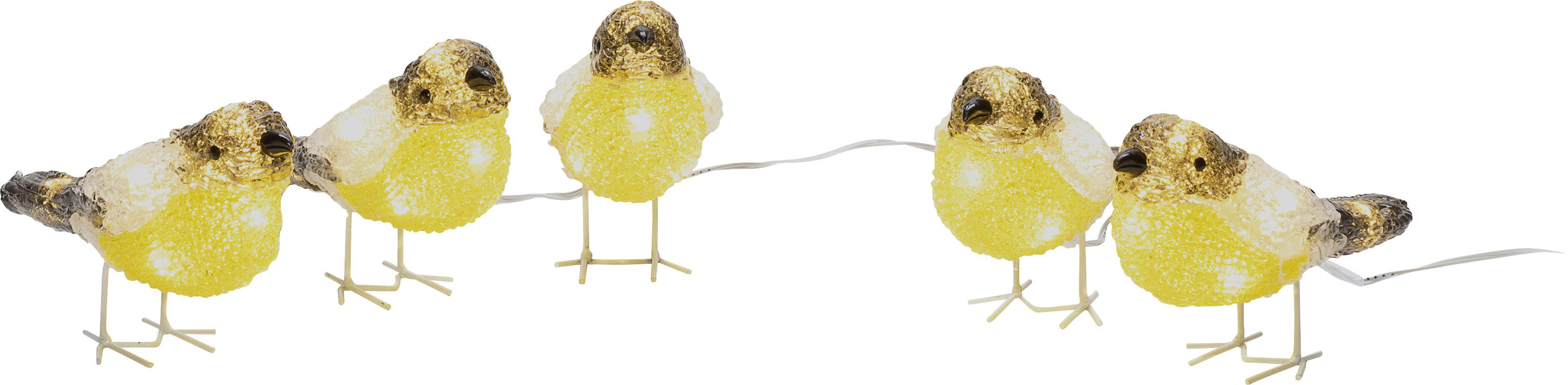 Fünf gelbe und braune Vogelfiguren stehen auf Draht, scheinbar aus dekorativem Material, in unterschiedlichen Gruppenformationen.