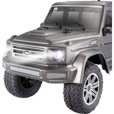 Ferngesteuertes Auto in Metalloptik mit großen Reifen und LED-Leuchten, markiert mit 'RELY' auf dem Kühlergrill.