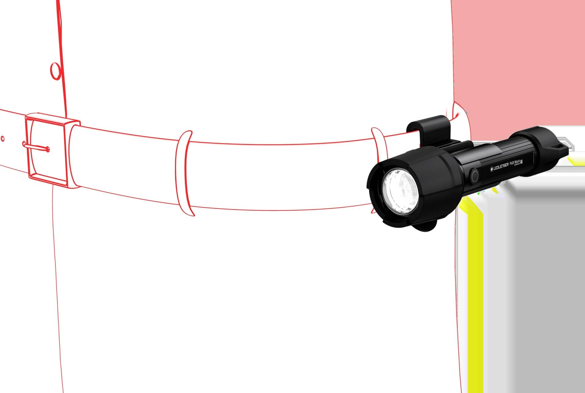 Taschenlampe, befestigt an einem Gürtel, zeigt Montageoption zur freihändigen Nutzung an.