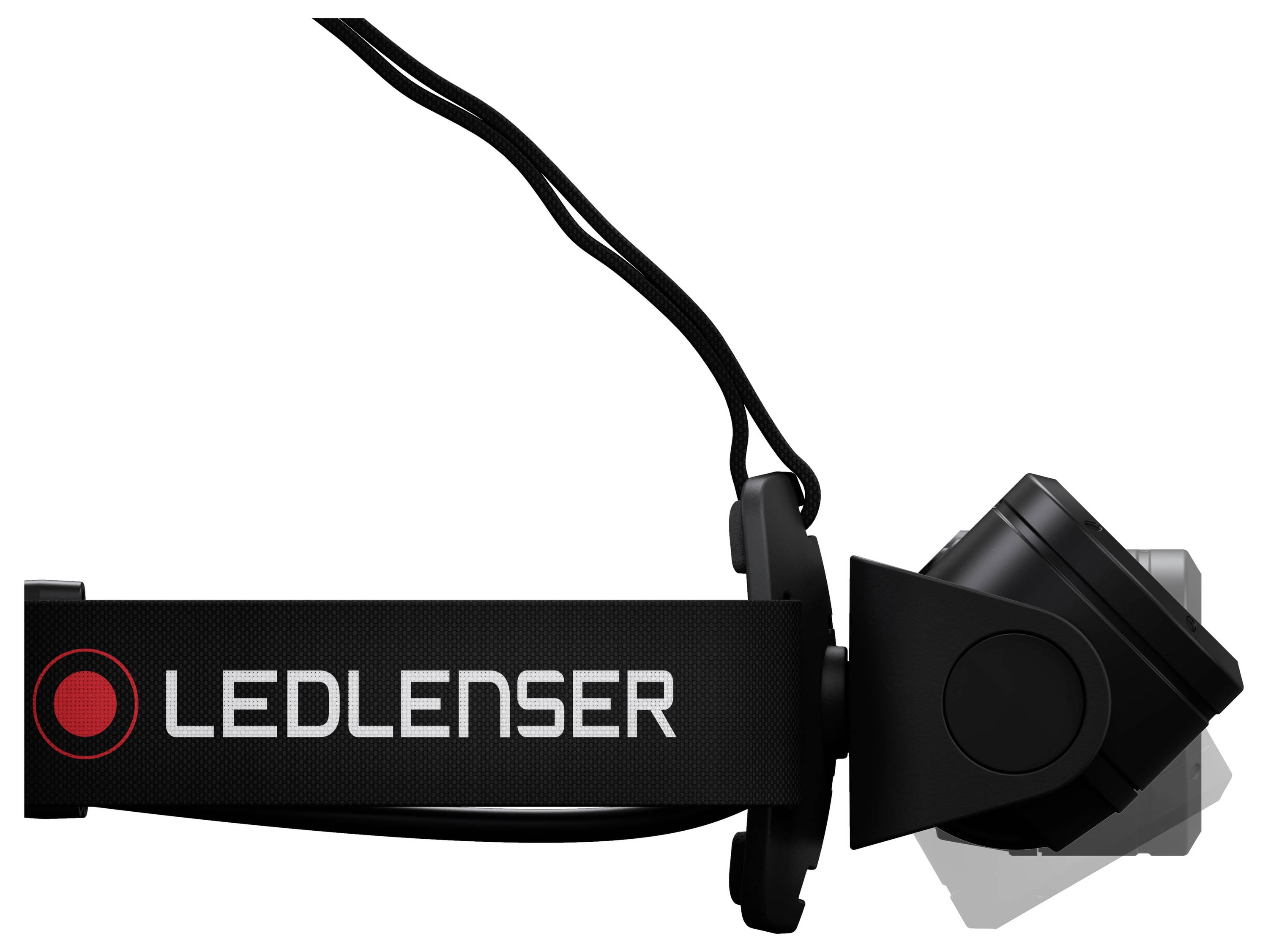 LED-Stirnlampe seitlich, mit einem verstellbaren Kopf und einem elastischen Band mit der Aufschrift 'Ledlenser'.