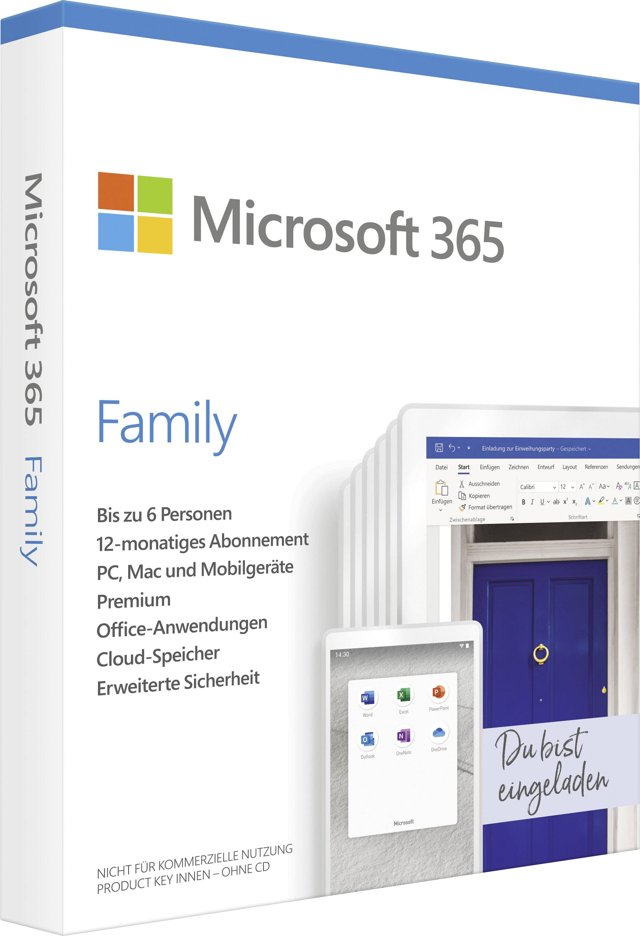 'Microsoft 365 Family' Produktverpackung zeigt Details: Bis zu 6 Personen, 12-monatiges Abo, Premium Office-Anwendungen, Cloud-Speicher.