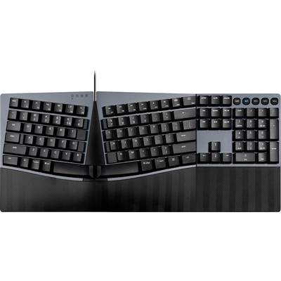 Geteilte ergonomische Tastatur mit geneigten Hälften, um Handgelenksbelastung zu reduzieren. Schwarzes Design mit abnehmbaren Handauflagen.
