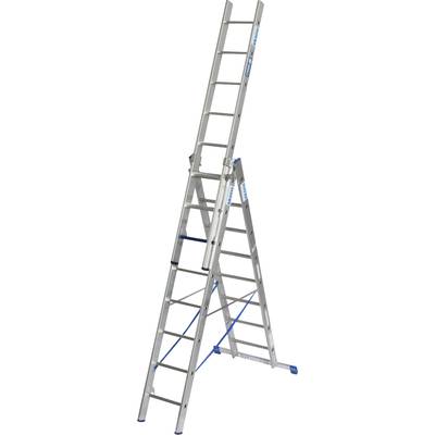 Metallische Teleskopleiter mit drei Teilen, ausgezogen für maximale Länge, geeignet für hohe Arbeiten oder schwer erreichbare Stellen.
