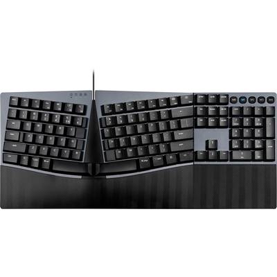Geteilte ergonomische Tastatur mit schwarzem Design und gewölbter Oberfläche, angepasst für komfortables Tippen und reduzierte Belastung.