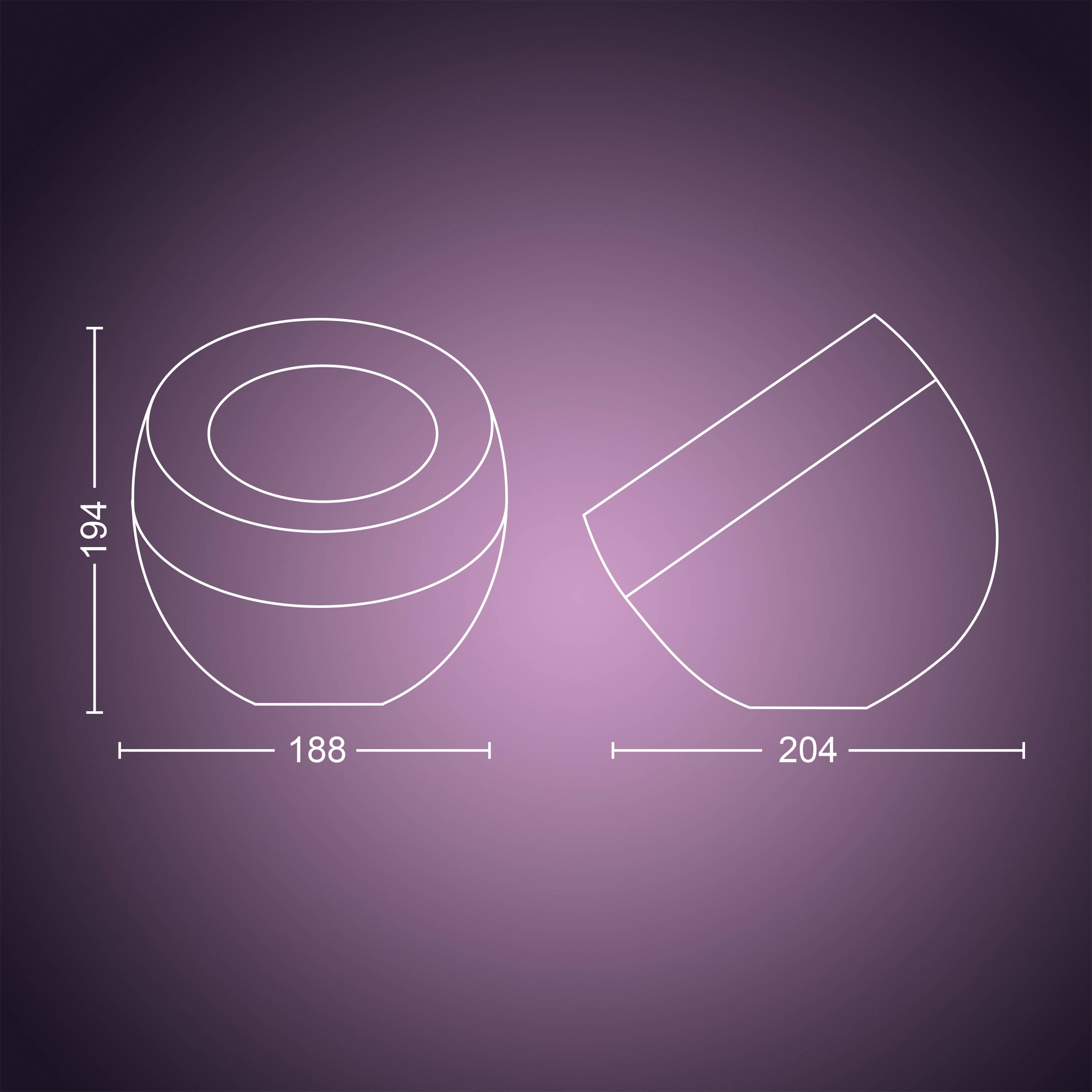 Technische Zeichnung: Ansicht und seitliche Perspektive einer halbkugelförmigen Schale mit Deckel. Maße: Höhe 194, Breite 188, Tiefe 204.