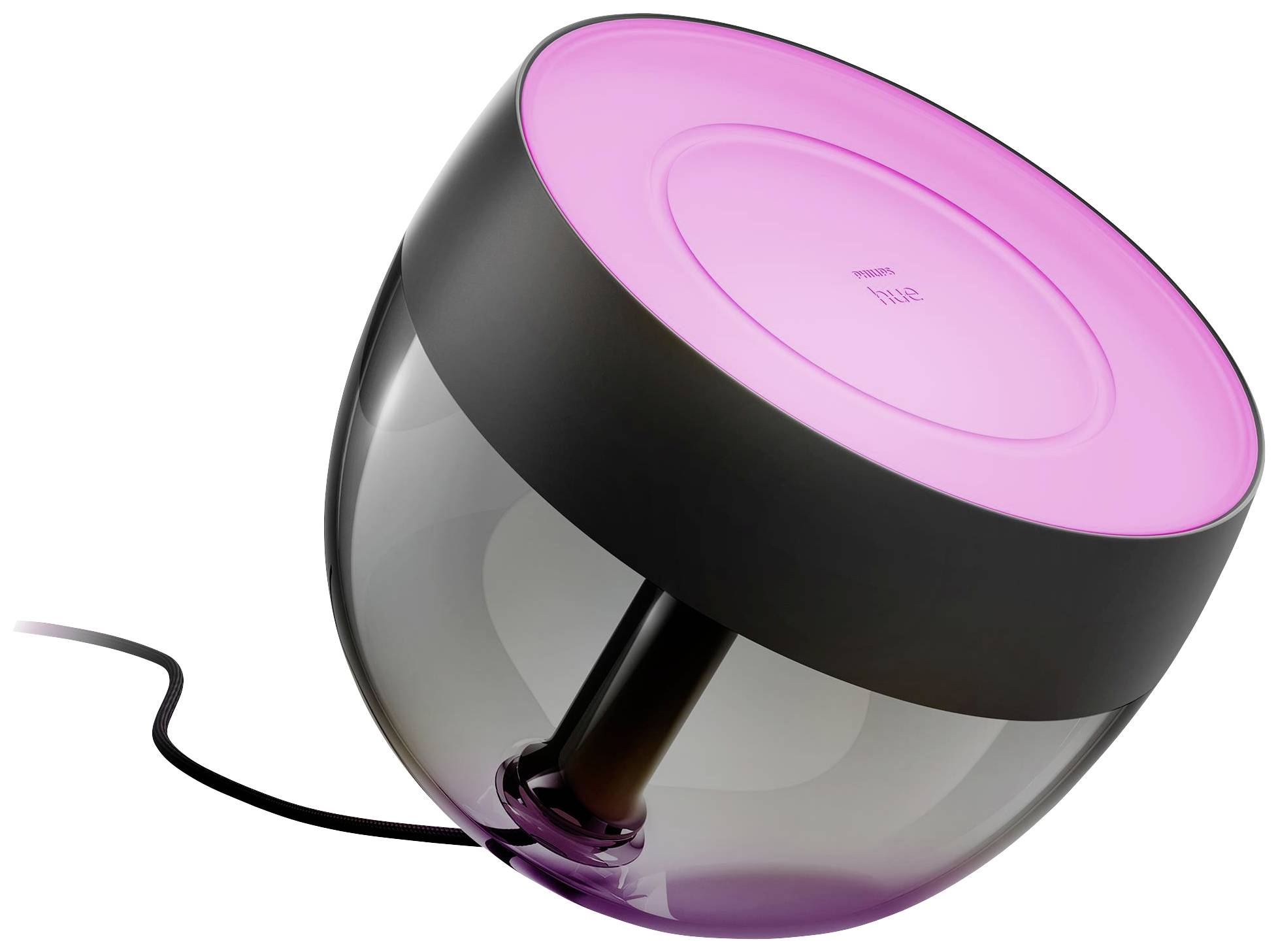 Eine schwarze, halbkugelförmige Tischleuchte mit transparentem unteren Teil, oben mit rosa leuchtendem Deckel, an Kabel angeschlossen.