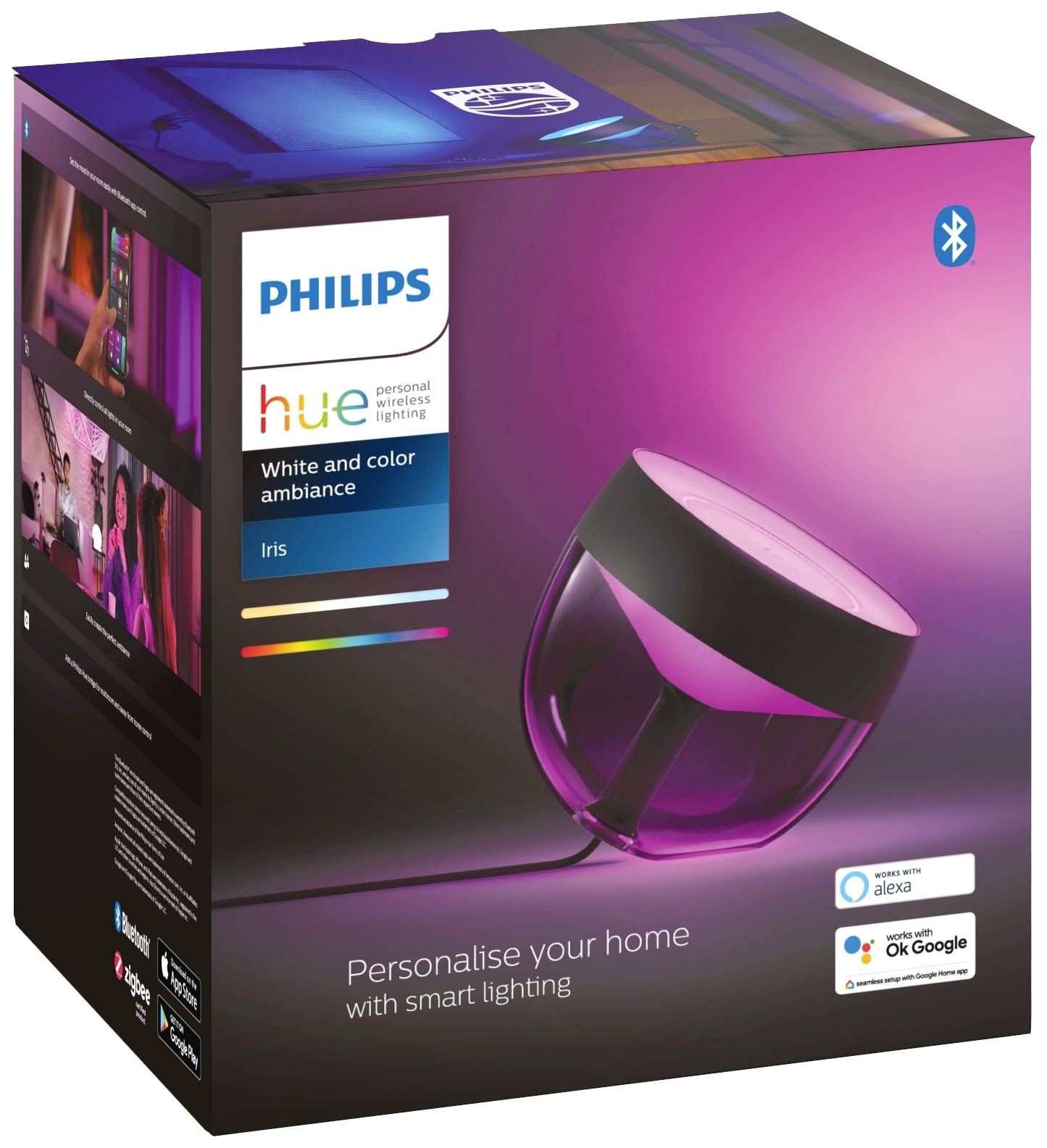 Verpackung der Philips Hue Iris Lampe, zeigt die Lampe mit rosa Licht. Unterstützt Alexa und Google Assistant.