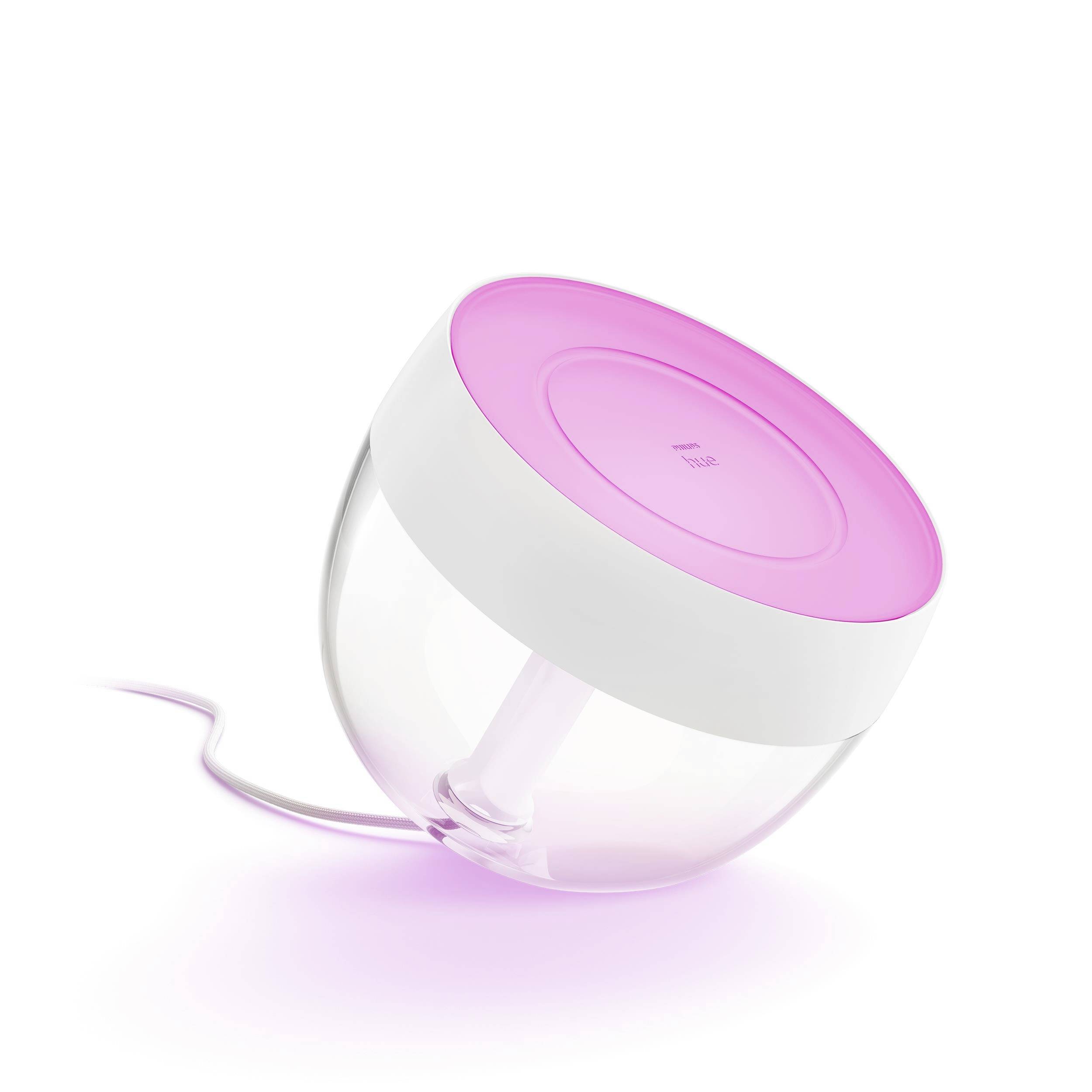 Eine runde, transparente Lampe mit rosa Leuchteffekt und weißem Rand, die über ein Kabel mit Strom versorgt wird.