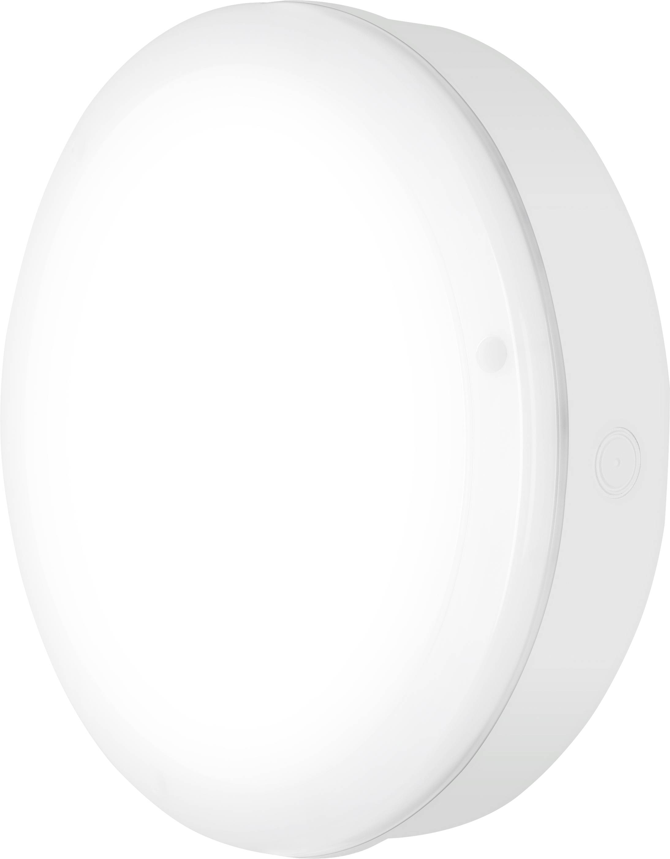 Weiße runde LED-Deckenleuchte mit glatter Oberfläche und seitlichem Schalter. Geeignet für moderne Innenräume.