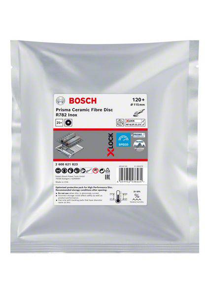 Verpackung für Bosch Prisma Ceramic Fibre Disc R782 Inox, zeigt Produktspezifikationen und Anwendungshinweise.