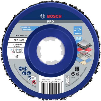 Schleifscheibe von Bosch, Durchmesser 115 mm, geeignet für verschiedene Materialien. Enthält Symbole für Sicherheit und Kompatibilität.