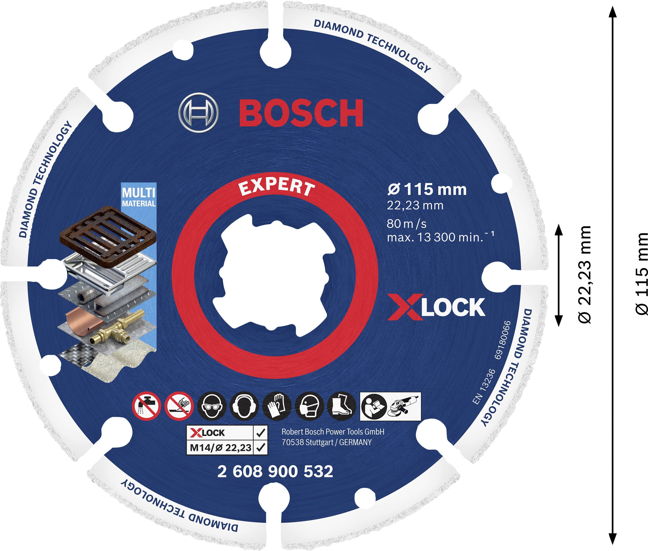 Schleifscheibe mit Bosch-Logo und "Expert". Geeignet für Multi-Materialien, Durchmesser 115 mm, X-LOCK-System, max. 13.300 U/min.