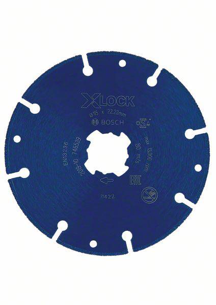 Ein blaues Kreissägeblatt für einen Winkelschleifer der Marke 'Bosch', Modell 'X-LOCK', mit Kennzeichnung und Spezifikationen.