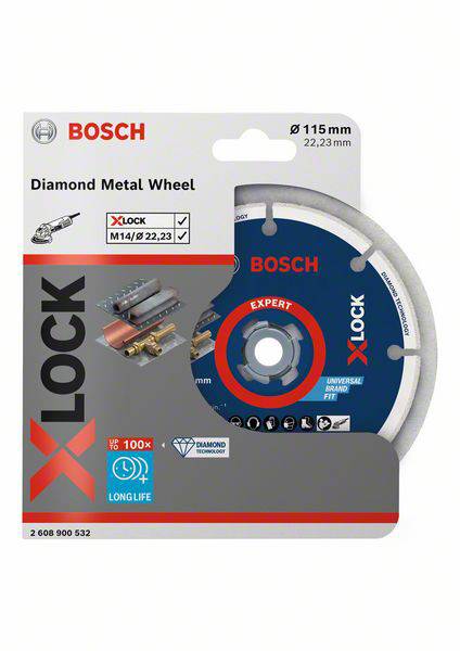 Verpackung einer Bosch X-LOCK Diamant-Metallscheibe, geeignet für 115 mm Winkelschleifer, zeigt Bilder der kompatiblen Einsatzarten.