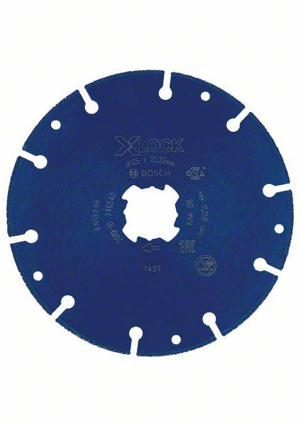 Schleifscheibe mit 'X-Lock'-System, blau, zeigt Markenlogo und Spezifikationen. Geeignet für Trenn- und Schleifarbeiten.